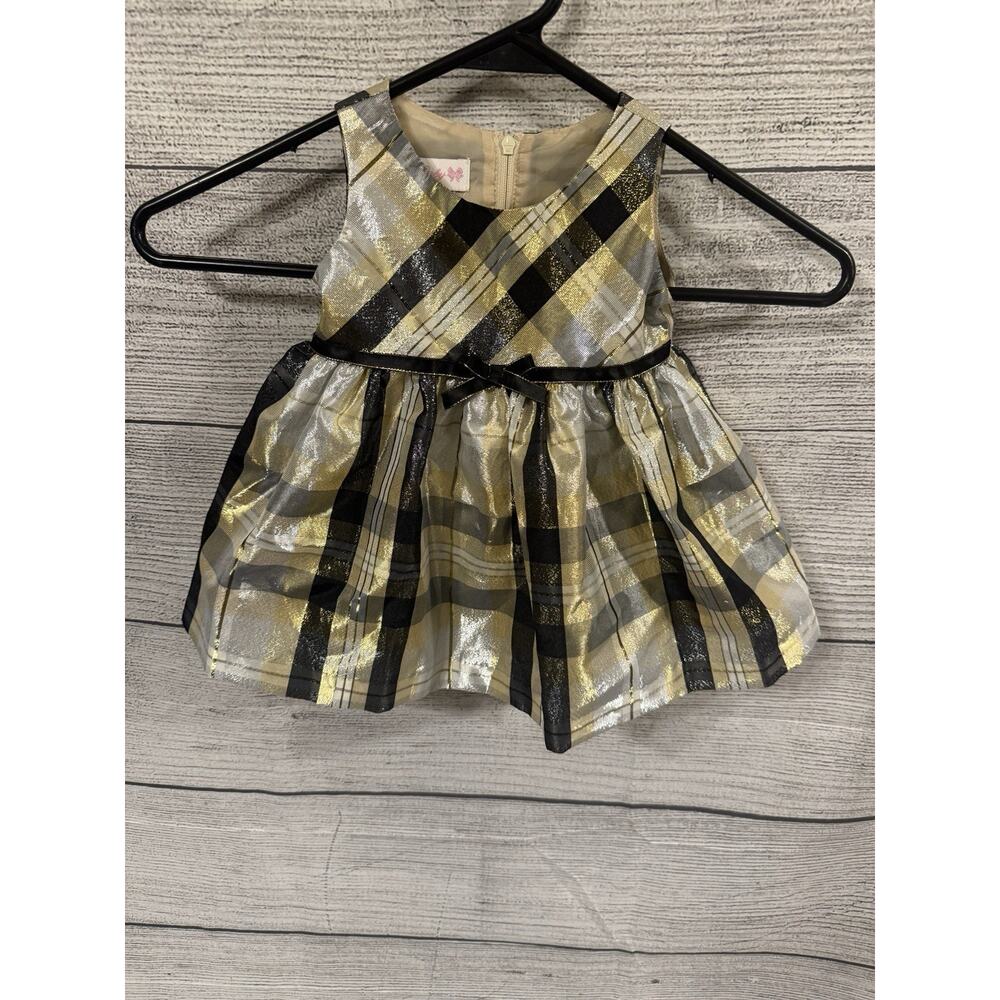 Baby Girls Bonnie Baby Black & Gold Plaid Dress Size 3-6 Months EUC